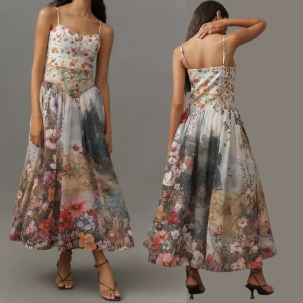 Anthropologie “The Muse” Floral Botanical Midi Dress in Pastel Multi